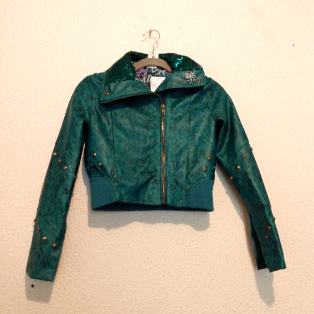 Disney Teal Green Girls Cropped Jacket with Stud Accents